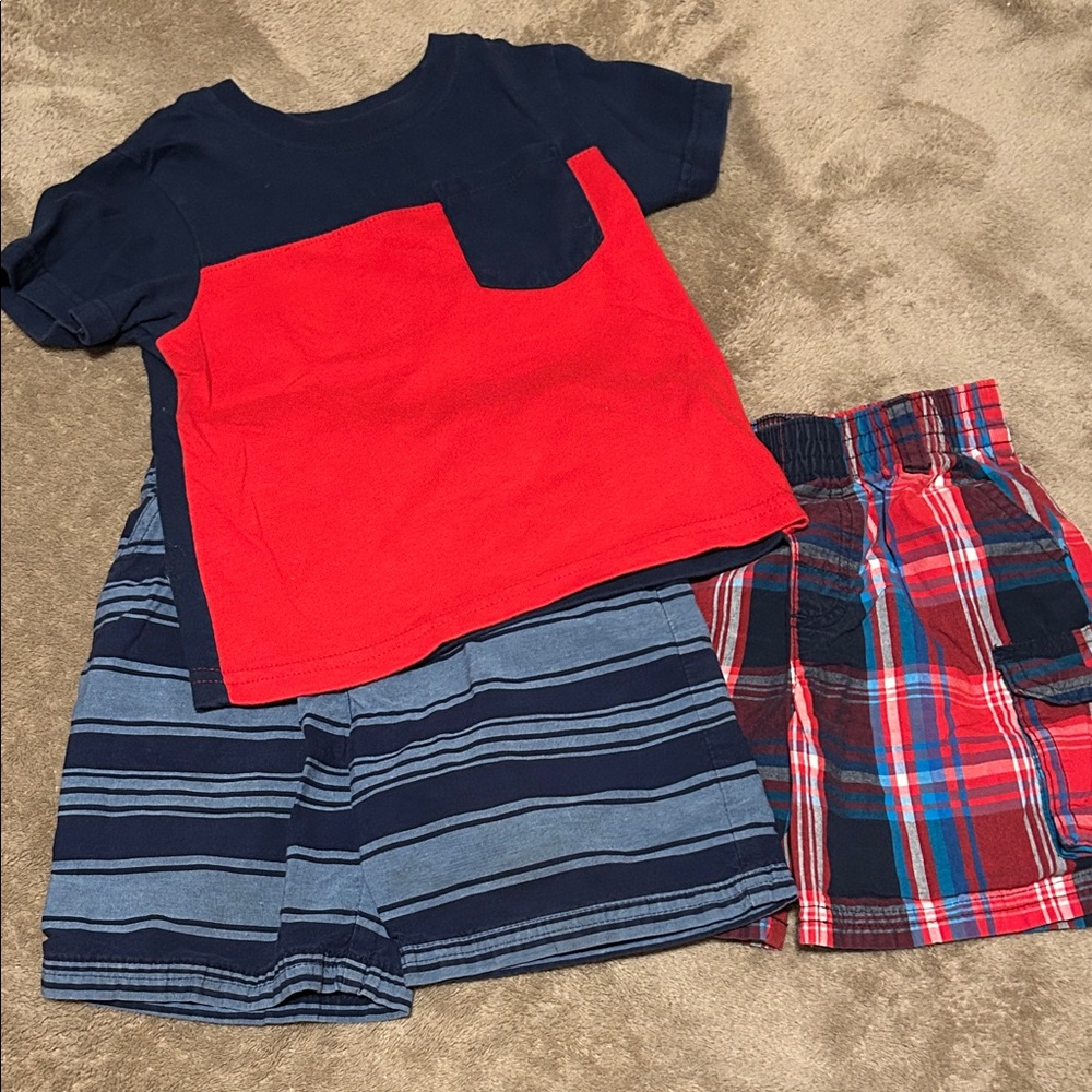 Garanimals Navy Blue & Red Kids Matching Set - Striped Shorts & Plaid Shorts
